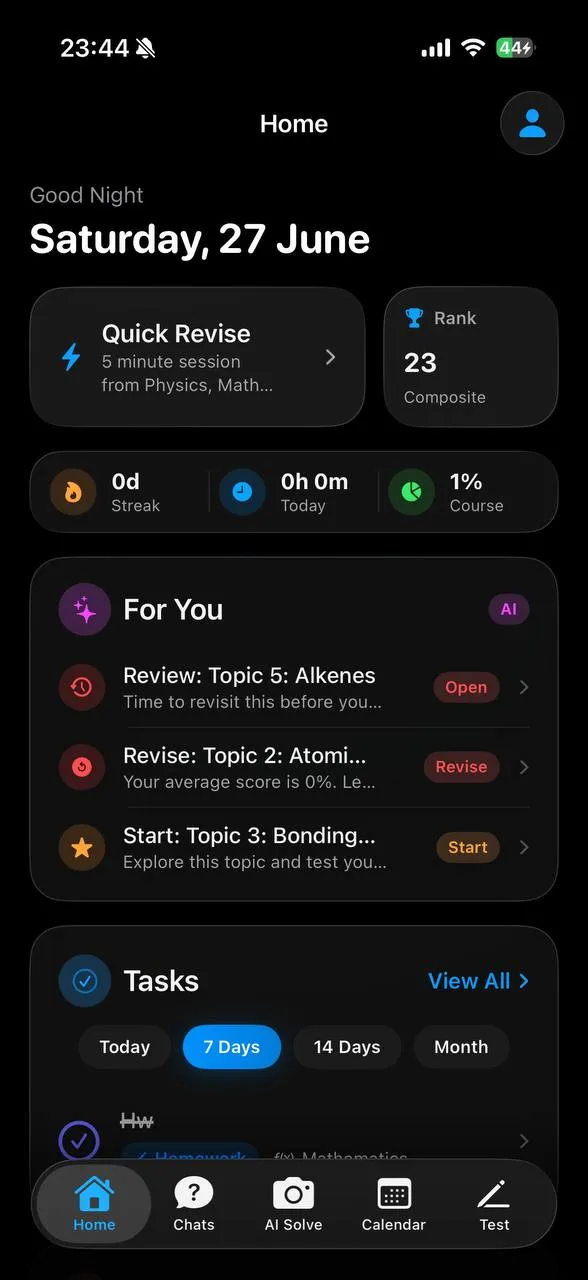Modulus app home screen — daily revision plan, streak and rank