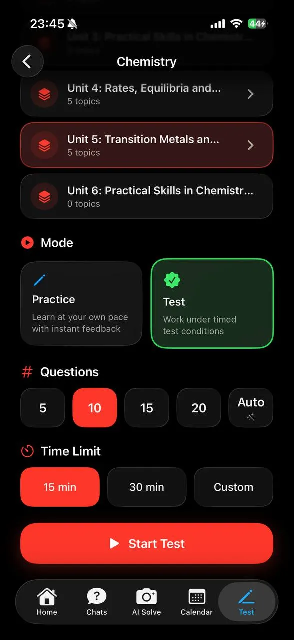 Modulus app test screen — exam-style question with marking-aware feedback